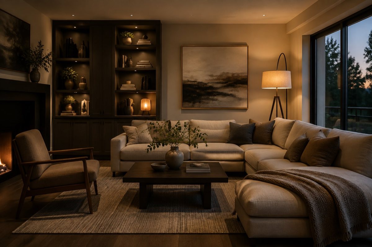A warm contemporary living room at dusk