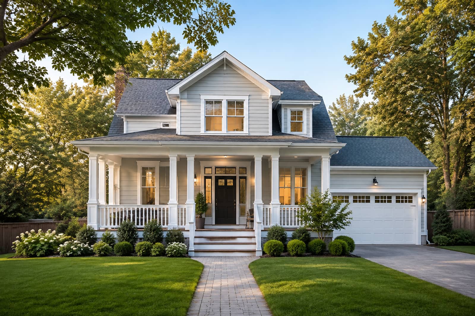 A pale grey clapboard two-storey home with a porch, garage and neat lawn in daylight