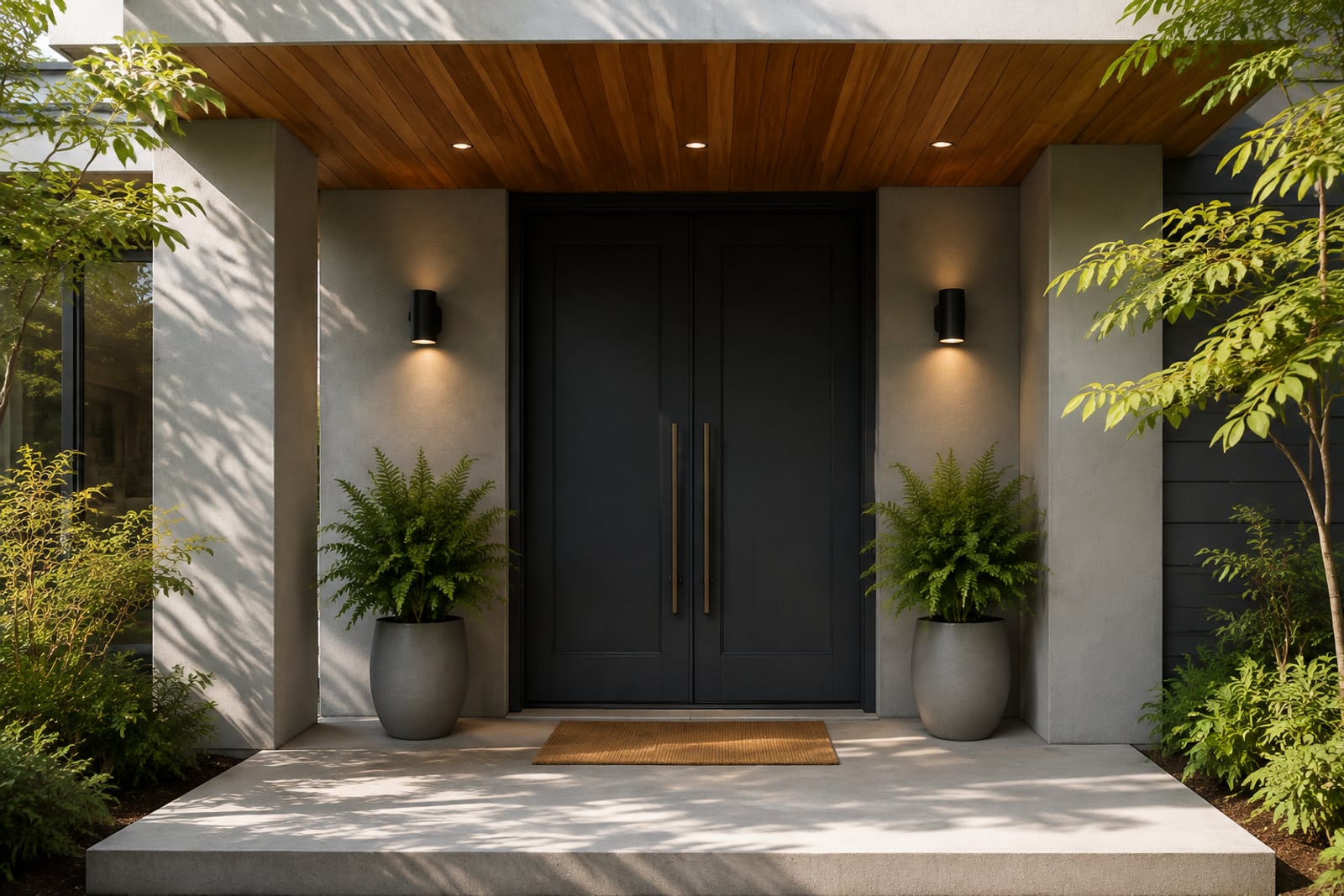 The lit entrance of a home at dusk