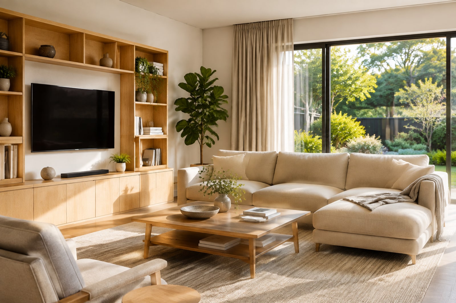 A bright living room in a home a buyer has just closed on