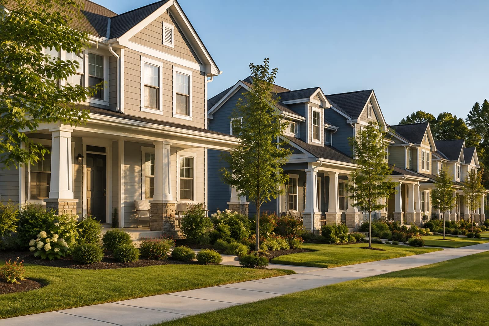 A row of detached family homes on a suburban street in the late afternoon