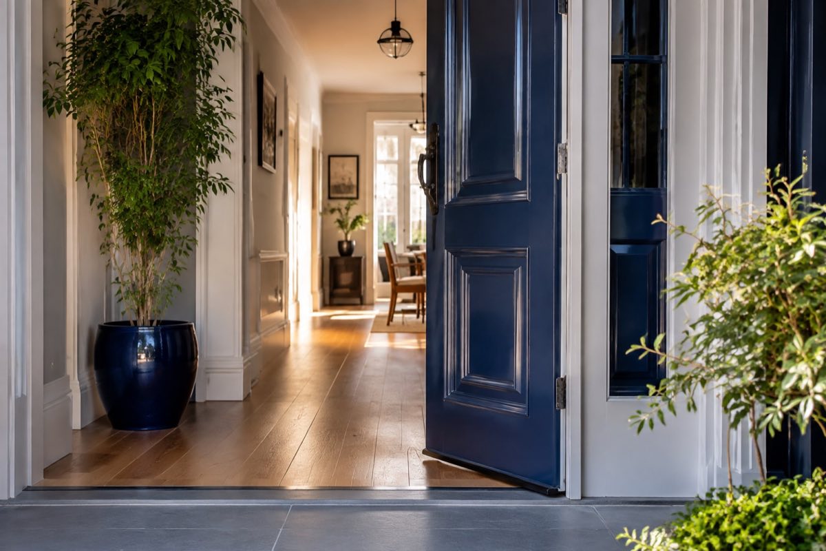 An open front door looking through to a sunlit hallway