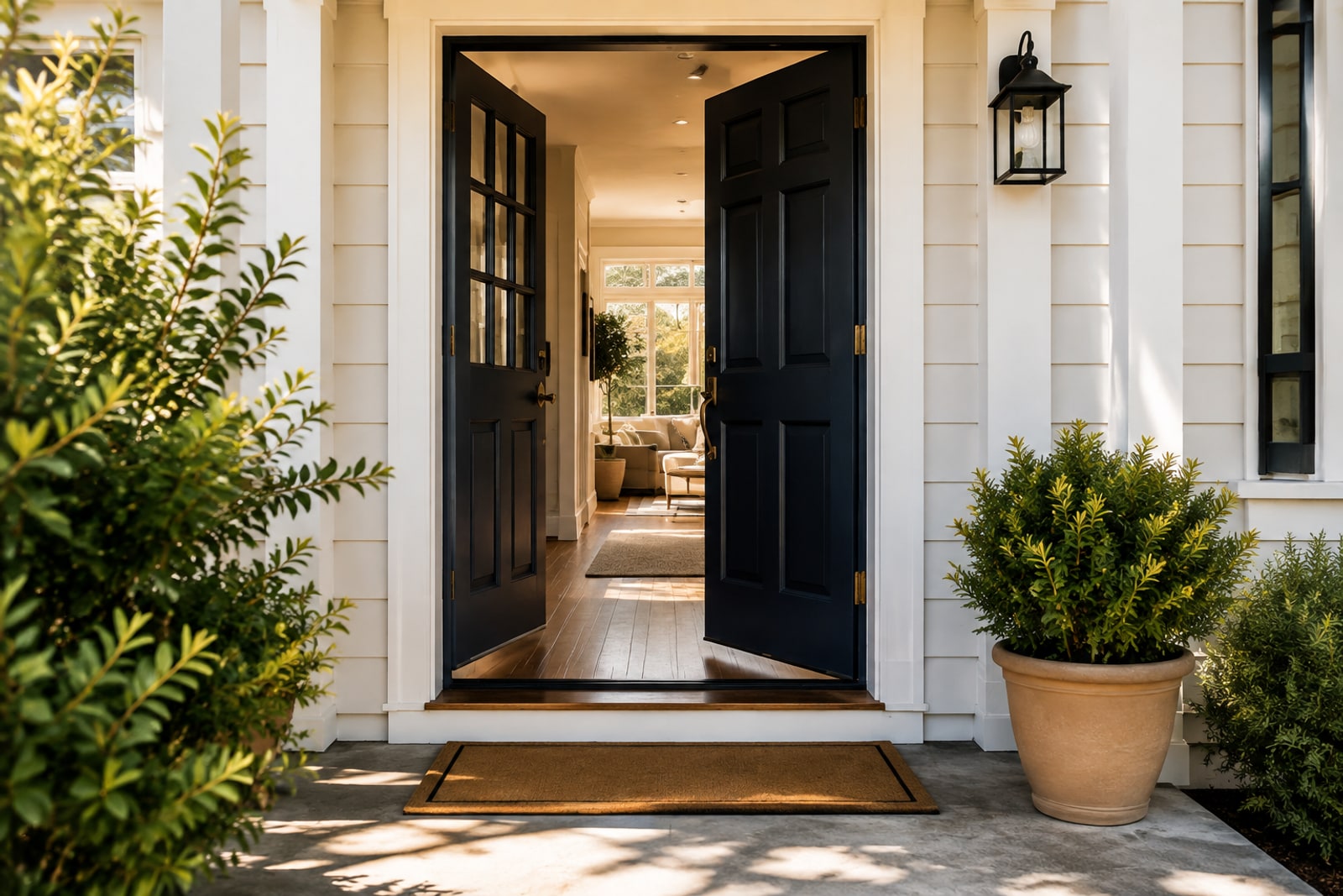 The open front door of a home on a bright afternoon