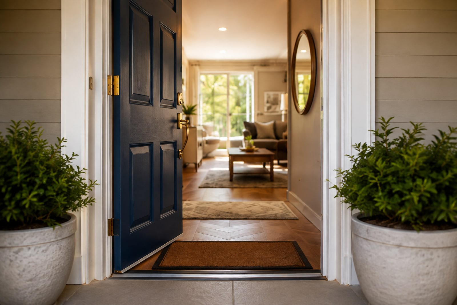 An open front door seen from outside, with a warm hallway beyond