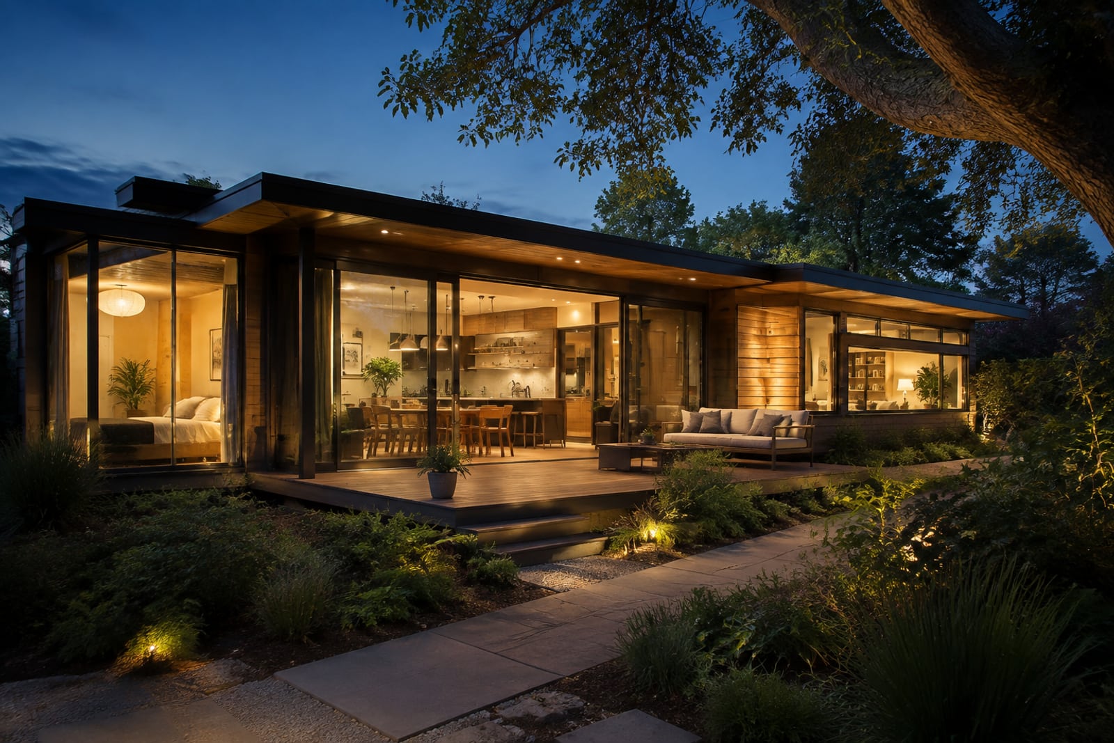 A contemporary single-storey home with a timber and glass facade, lit from within in the evening