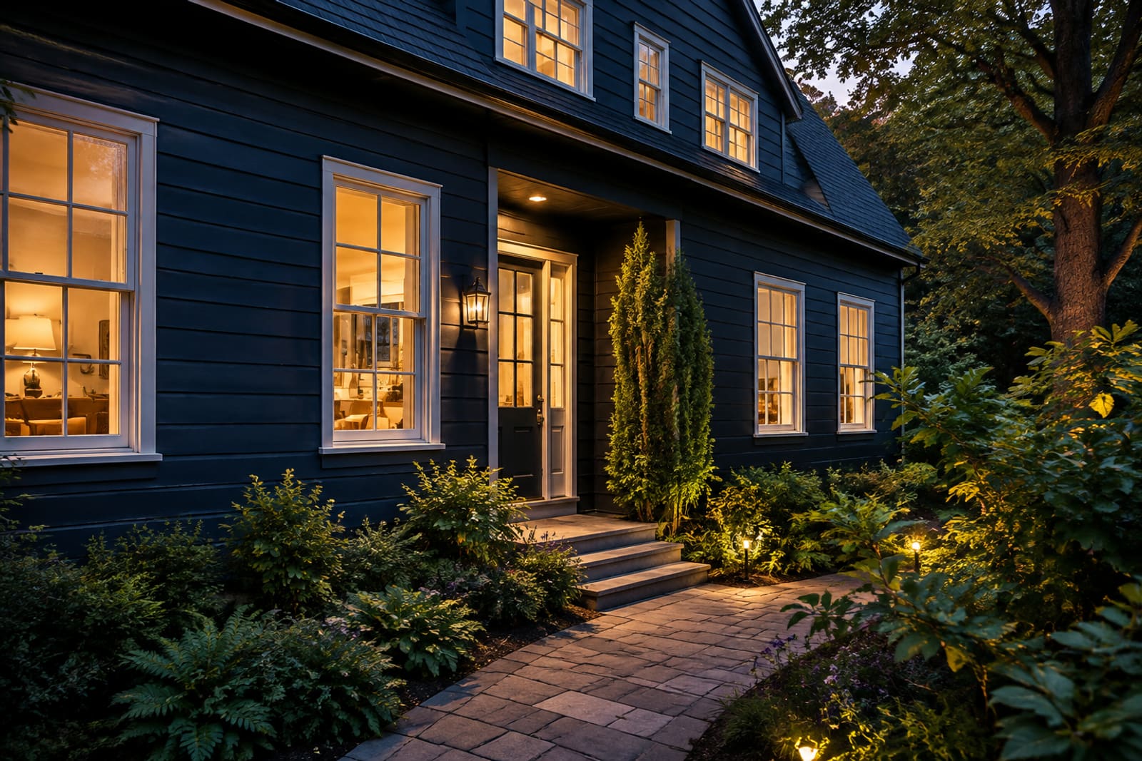 An established dark blue home at dusk, warm windows lit, with a mature planted garden and a welcoming entrance