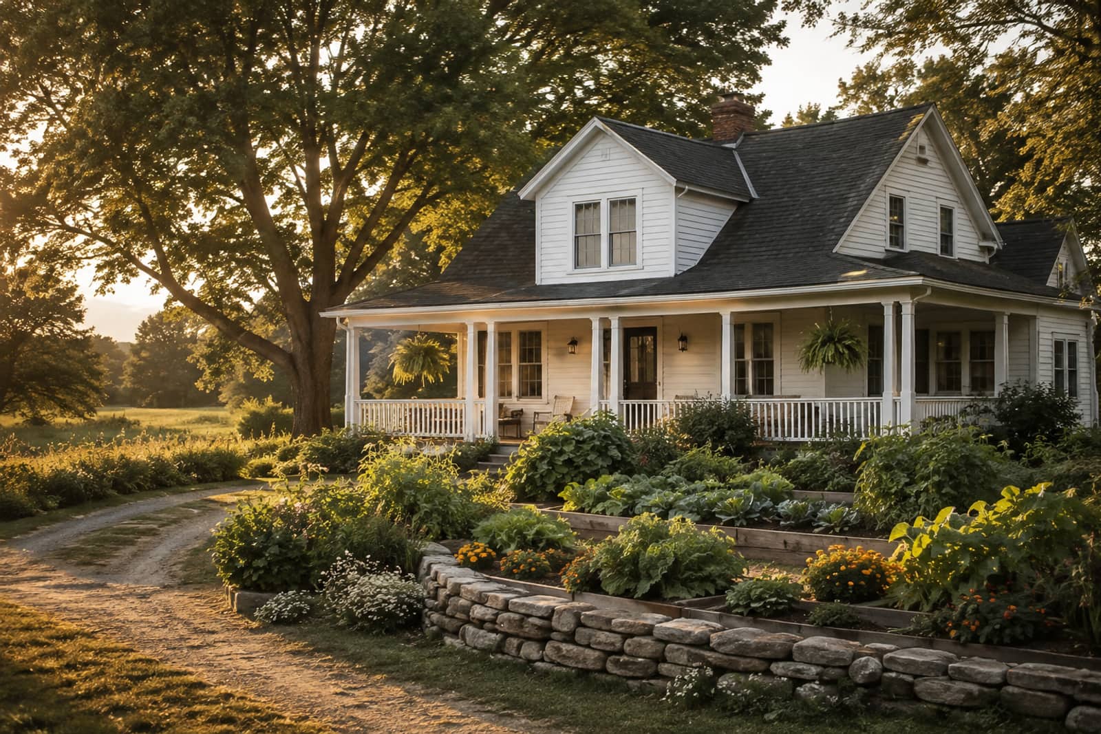A pale grey clapboard two-storey home with a porch, garage and neat lawn in daylight