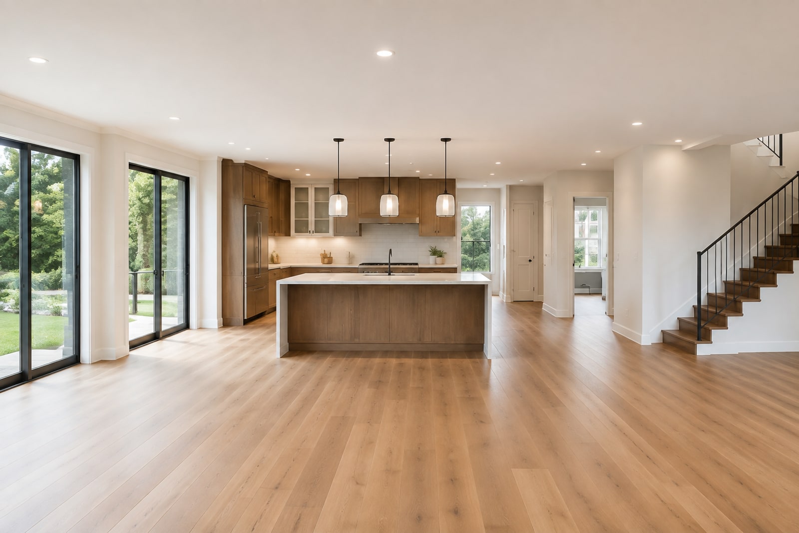 A bright, empty open-plan living space with a kitchen beyond, ready to show