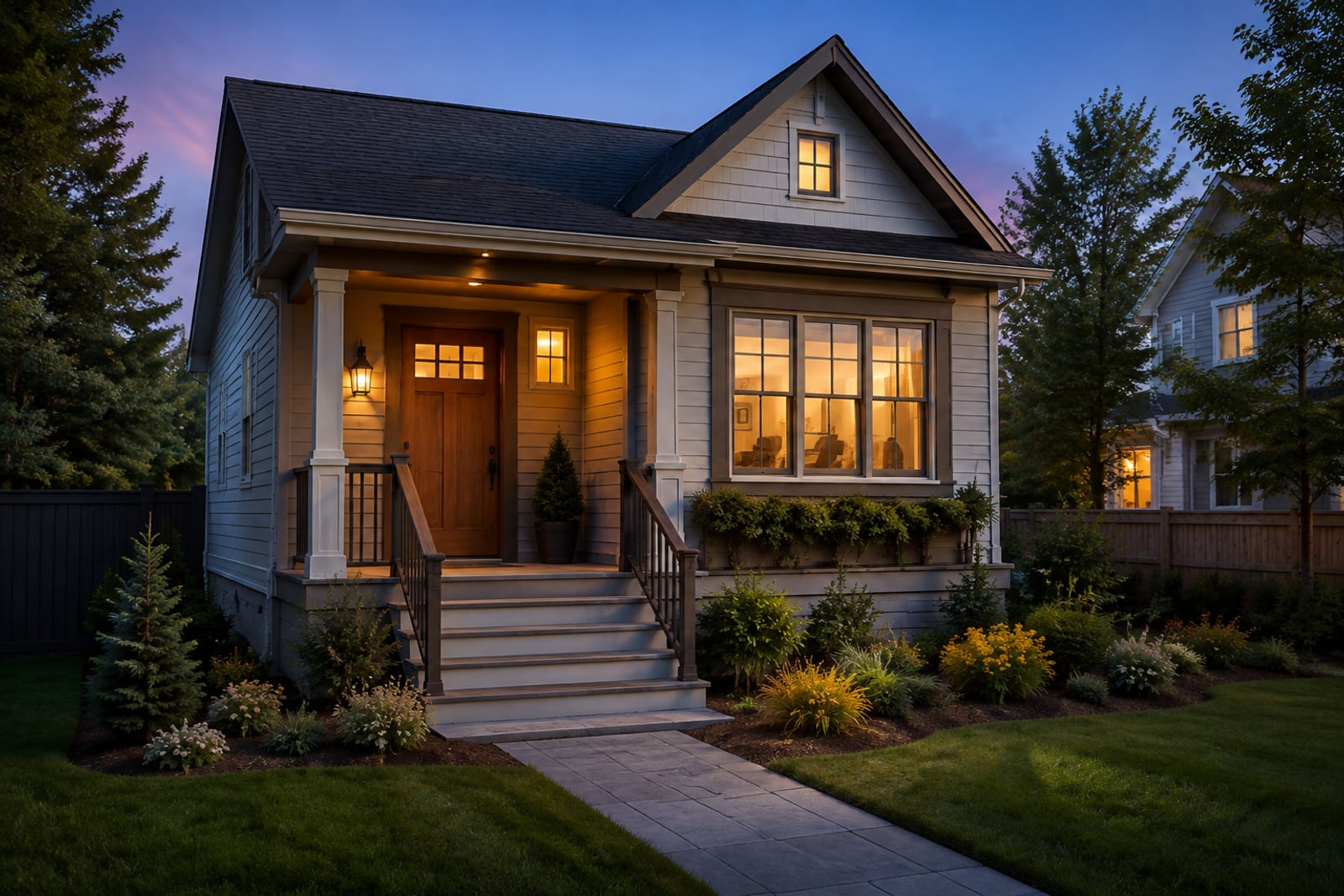 A pale grey clapboard two-storey home with a porch, garage and neat lawn in daylight