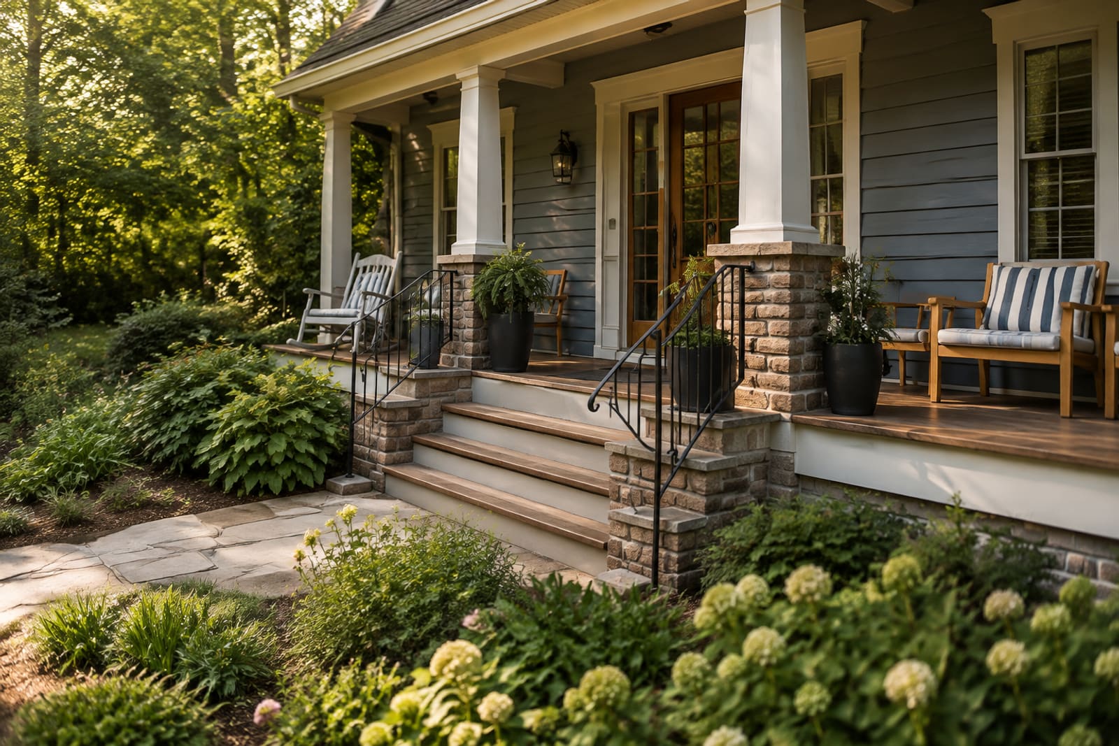 A pale grey clapboard two-storey home with a porch, garage and neat lawn in daylight